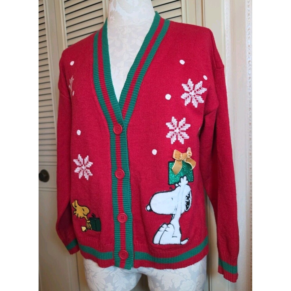 Peanuts Wmns Holiday Cardigan Sz L Furry Snoopy & Embroidered Woodstock, Classic